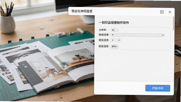 一刻印品相册制作软件的导出与冲印选项界面,展示分辨率设置和纸张选择下拉菜单,背景为工作台上有打印样张和一本成品相册,界面右下角有“开始冲印”按钮,整体氛围专业且整洁