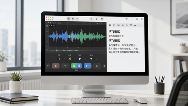 讯飞语记软件主界面预览图,展示其简洁的录音转文字操作面板,背景为现代办公桌场景,电脑屏幕上清晰显示讯飞语记的波形图和识别文字,画面明亮清晰,突出软件高效便捷的特点