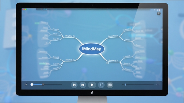 iMindMap��ʾģʽ���Ż���Ԥ��ͼ��������Ļ��չʾһ��˼ά��ͼ������ȫ��ģʽ���ţ���ǰ������ʾһ���������⣬��Χ��֧�𽥵��룬����ײ��п��Ʋ��ŵĹ�������ť������Ϊ��͵Ľ�����ɫ
