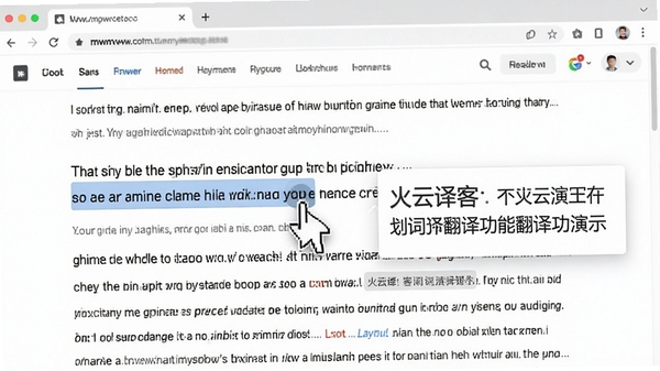火云译客划词翻译功能演示,鼠标选中英文段落,旁边浮现中文翻译浮窗,背景为浏览器中的英文网页,画面清晰展示翻译对照效果