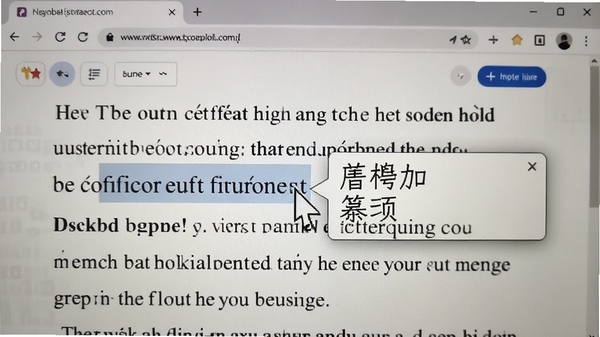 拼音加加屏幕取词功能的实际效果图,鼠标指向一段英文文本,旁边浮现出中文释义的浮动提示框,背景为浏览器阅读界面,体现其辅助学习的便捷性