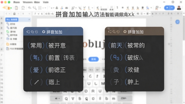 展示拼音加加输入法智能调频功能的界面,对比显示常用词被前置,背景是模糊的文档编辑画面,体现其提升打字效率的特点