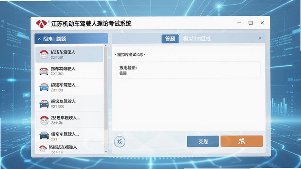 江苏机动车驾驶人理论考试系统主界面预览图,展示模拟考试答题界面,左侧为题目列表,右侧为答题区域和交卷按钮,整体风格简洁清晰,背景为浅蓝色科技感氛围