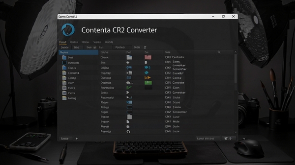 Contenta CR2 Converter主界面截图,展示软件logo与文件列表,背景为暗色摄影工作台,突出专业感,画面主体居中,包含软件名称标识