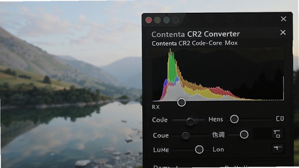 Contenta CR2 Converter色彩调整面板特写,显示色温、色调滑块与直方图,背景为一张半透明的风景照片,体现色彩还原的精准性