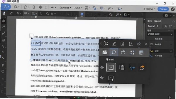 福昕阅读器专业版编辑功能演示,显示选中文本后弹出编辑工具栏,背景为文档编辑界面,突出文字修改和格式调整选项