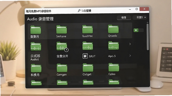 楼月免费MP3录音软件录音完成后的文件管理界面,展示音频列表,绿色文件夹图标,背景柔和,体现软件整理的便捷性。
