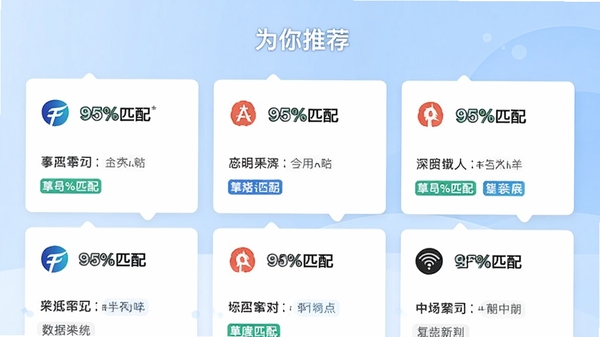 事招雷达的智能推荐页面,页面顶部显示“为你推荐”标题,下方以瀑布流形式展示多个职位卡片,卡片上突出显示匹配度百分比(如“95%匹配”),并带有公司logo和职位标签,背景为浅蓝色渐变,整体风格清新专业