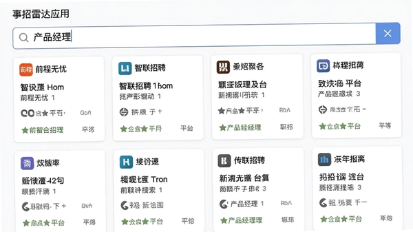 事招雷达应用中的职位聚合搜索界面截图,搜索框输入“产品经理”,下方显示来自不同平台的职位卡片,每张卡片左上角标有来源平台小图标,如“前程无忧”、“智联招聘”等,卡片排列整齐,信息清晰,背景为白色,整体视觉简洁明快