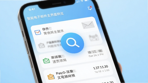 智能电子邮箱主界面预览图,手机屏幕显示收件箱列表,背景为浅蓝色渐变,界面简洁清爽,采用卡片式布局,屏幕中央有一个放大镜图标,整体风格现代,高清渲染,适合软件介绍页面