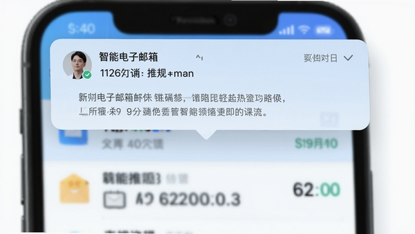 智能电子邮箱邮件推送通知效果图,手机顶部弹出新邮件通知栏,显示发件人、主题和摘要,背景为模糊的收件箱界面,整体色调柔和,突出实时推送的便捷性,高清截屏风格