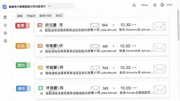 智能电子邮箱智能分类功能演示,邮件列表按照重要、促销、通知等标签分组,每个分组用不同颜色标签标识,界面清晰易读,背景为白色,卡片式设计,展示分类过滤后的邮件视图,高清截图