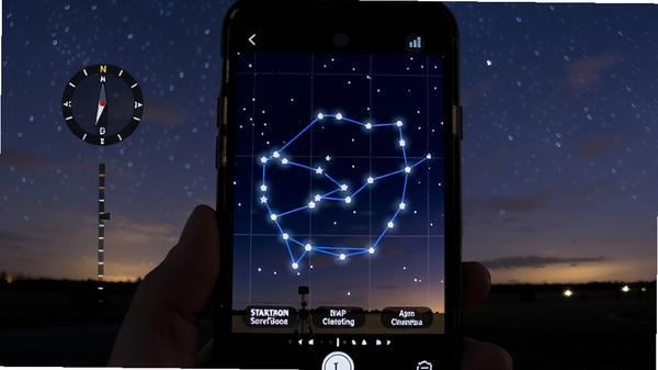 星特朗观星助手实时星图识别功能,手机屏幕中央显示猎户座星区,星星用亮白色光点呈现,星座连线为蓝色,底部有天体名称标签,背景是真实的夜空渐变色,左上角有方位角指示器,画面细腻清晰,突出AR增强现实效果