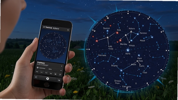 星特朗观星助手主界面,展示手机屏幕上的动态星图,背景是夜晚的户外草地,用户手持手机对准天空,屏幕中显示星座连线与星体名称,画面整体呈深蓝色调,带有科技感的光效,人物位于画面左侧,星图占据右侧主体,风格写实且明亮