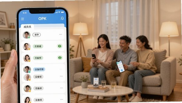 OPK���ܼҾӼ�ͥ�������ܣ��ֻ�������ʾ��Ա�б����豸Ȩ�ޱ�ǩ������Ϊ���˼�ͥ������������Ա���Գ��ֻ����Ƶƹ⣬�����г������OPK���ܼҾ�Ӧ�ý���