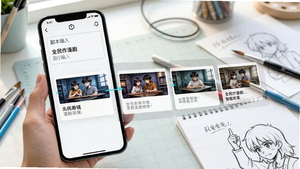 展示全民作漫剧智能分镜功能的演示图,画面中一部手机屏幕显示剧本输入框和自动生成的分镜序列,每个分镜卡片上有缩略图和文字描述,背景是明亮的工作台,散落着画笔和草稿纸,整体色调清新,突出AI自动排版的便捷性。