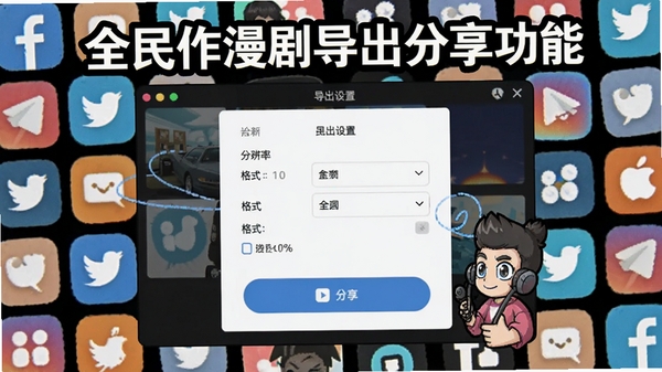 展示全民作漫剧导出分享功能的示意图,屏幕中显示导出设置界面,包含分辨率、格式选项和分享按钮,背景是社交媒体的图标拼贴,整体风格活泼,突出快捷分享的特性。