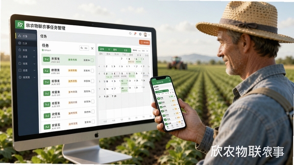 欣农物联农事任务管理界面,显示任务列表与日历视图,背景为农民在田间使用手机查看任务,画面自然和谐,突出移动办公与农业管理结合,包含软件名称水印。