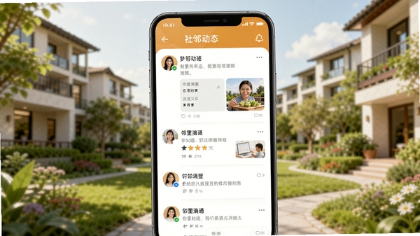 梦邻软件主视觉图,画面中心是一部智能手机屏幕展示社区动态信息流,背景是模糊处理的现代化居民小区与绿色花园,整体色调明亮温馨,突出邻里和谐与便捷沟通的主题