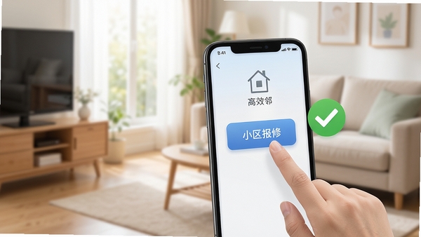梦邻手机应用使用场景示意图,画面展示用户手指点击屏幕上的小区报修按钮,旁边有对号图标表示提交成功,背景为室内客厅环境,色调自然明亮,传达出操作便捷与问题解决的高效感
