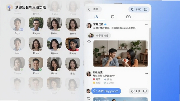 梦邻实名邻里圈功能界面截图风格图片,展示用户头像墙与动态瀑布流,包含点赞评论互动按钮,背景为简洁的浅灰色与蓝色渐变,强调真实社区氛围和活跃的用户交流
