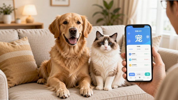 宠链APP主界面预览图,画面中央是一只金毛犬和一只布偶猫并排坐在沙发上,主人手持手机展示宠链应用界面,界面风格清新简约,背景为温馨的客厅环境,整体色调明亮温暖,突出人与宠物和谐共处的画面。