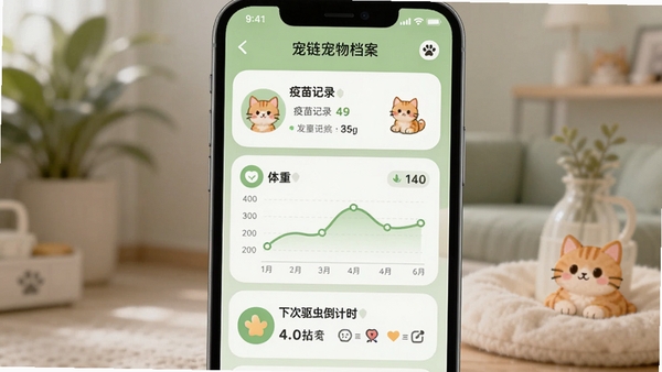 宠链宠物档案功能界面截图,手机屏幕上显示一只橘猫的详细健康数据,包含疫苗记录、体重折线图、下次驱虫倒计时等模块,界面以浅绿色为主色调,图标设计圆润可爱,背景虚化处理突出手机屏幕内容。