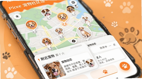 宠链同城社区功能效果图,手机界面展示基于地图的宠物社交功能,地图上有多个宠物头像标记点,底部弹出附近宠物动态卡片流,包含宠物照片和主人留言,界面风格活泼,采用橙白配色。