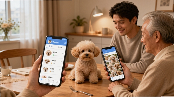 宠链家庭共享功能展示图,画面中一对年轻夫妻和一位老人围坐在餐桌旁,各自拿着手机查看宠链APP,手机屏幕显示家庭组成员列表和共享的宠物相册,桌上放着一只泰迪犬,整体氛围温馨和谐。