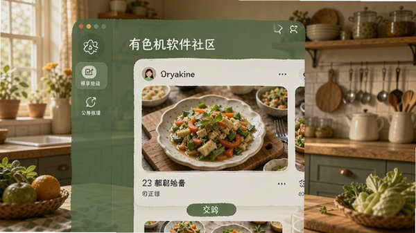 绿色有机软件社区互动界面,用户分享有机美食照片,背景是温馨的厨房环境,画面温暖,突出分享与交流的乐趣