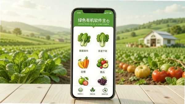 绿色有机软件主界面展示,手机屏幕上有新鲜的有机蔬菜水果图标,背景是清新的绿色田园风光,画面明亮,风格简约现代,突出绿色有机主题