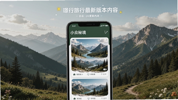 展示行旅行最新版本更新内容的宣传图,画面中央是手机屏幕,屏幕中展示新功能“小众秘境”的卡片列表,背景是山野风景,色调自然,突出更新亮点,整体风格简洁,适合用于应用商店更新公告。
