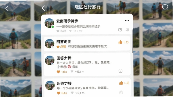行旅行APP社区问答界面截图,展示一个关于“云南雨季徒步”的提问帖,下方有多条回答,每条回答都附有用户头像和点赞数,背景为模糊的旅行照片墙,整体设计温馨,突出互动氛围。