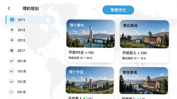 行旅行APP的行程规划功能界面截图,左侧是日期列表,右侧是景点卡片,卡片上显示景点名称、开放时间和建议游玩时长,顶部有“智能优化”按钮,界面以白色为底,卡片圆润,配色清新,背景有一张模糊的世界地图,整体风格专业且直观。