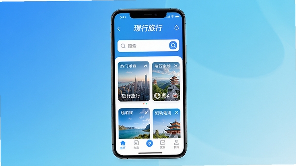 一张展示行旅行APP主界面的高清手机截图,界面设计简洁明亮,主色调为清新的蓝色和白色,顶部显示“行旅行”Logo,中间为搜索框和热门目的地卡片,底部导航栏清晰,整体风格现代且具有科技感,适合作为应用商店预览图,背景为渐变色,突出APP的实用与便捷。