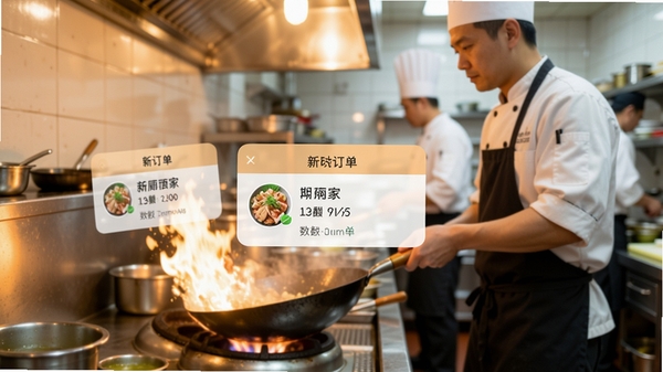 大厨到家大厨端订单提醒功能特写,手机屏幕亮起显示新订单弹窗,包含菜品名称和数量,背景是忙碌的餐厅后厨,厨师正在颠勺炒菜,光线明亮,突出实时接收订单的紧迫感和高效性