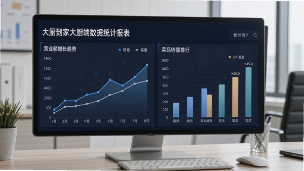大厨到家大厨端数据统计报表界面,展示折线图和柱状图,模拟营业额增长趋势与菜品销量排行,背景为简洁的办公桌面,数据可视化元素丰富,色调专业商务,强调数据驱动的管理理念