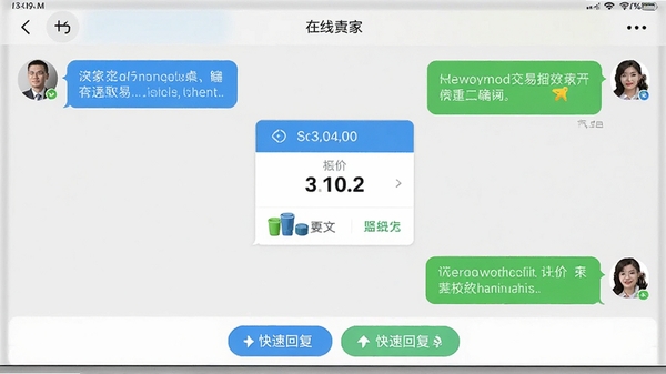 汽配贸App聊天界面截图,左右两侧分别为买家与卖家对话气泡,中间显示报价卡片,底部有快速回复按钮,背景为浅灰色商务风格,强调在线交易沟通的便捷性