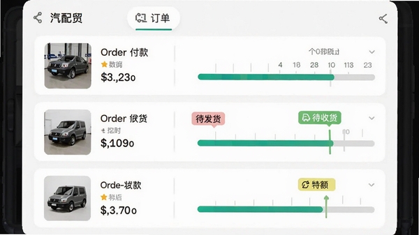 汽配贸App订单列表页面,显示待付款、待发货、待收货等状态标签,每个订单含商品缩略图、金额和进度条,背景为简约白色,突出流程管理的清晰性