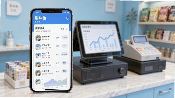 柒咪鱼服务端主界面预览图,手机屏幕显示商家订单列表和数据图表,背景为模糊的店铺收银台环境,整体色调清爽明亮,突出移动管理便捷性