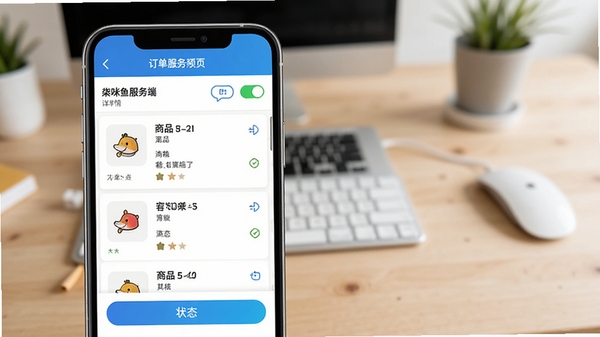 柒咪鱼服务端订单详情页截图,展示商品列表、顾客信息和状态按钮,手机界面风格简约清晰,背景为明亮的工作台,强化订单处理效率
