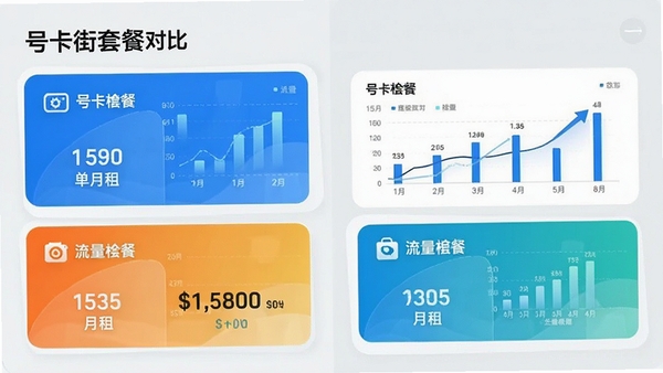 号卡街套餐对比界面,左右分栏显示不同运营商套餐卡片,标注流量和月租,背景浅灰,数据可视化图表,画面清晰亮丽