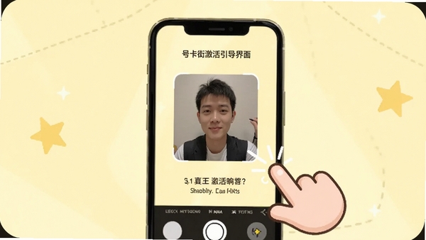 号卡街激活引导界面,手机屏幕显示拍照框和步骤提示,背景浅黄色,卡通手指点击动画,简洁易懂
