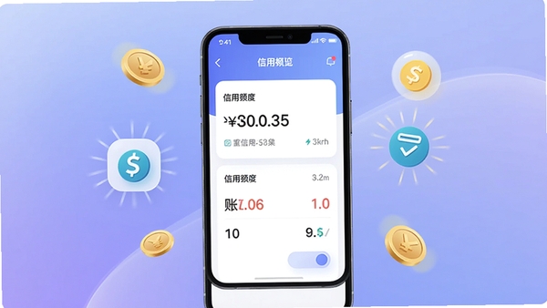 信用付应用主界面展示,手机屏幕中央显示信用额度与账单概览,背景为柔和渐变蓝紫色调,周围点缀金币与支付成功图标,整体风格简洁现代,适配移动端竖屏预览