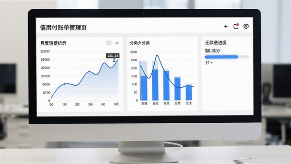信用付账单管理页面,屏幕显示月度消费折线图与分类柱状图,右侧为还款进度条,整体采用白色背景搭配蓝色数据线条,风格简洁商务