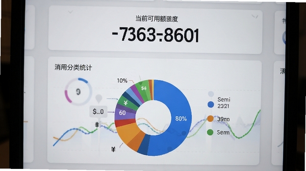 信用付额度管理界面截图风格,屏幕上方显示当前可用额度数字,下方为消费分类统计饼图,背景为浅灰色卡片式布局,突出数据可视化效果