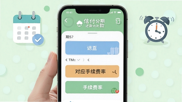 信用付分期还款功能演示,手机界面展示不同分期期数选项与对应手续费率,背景为淡绿色清新风格,配以日历与闹钟图标,强调还款计划的可视化管理