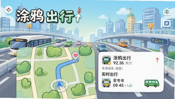 涂鸦出行主界面展示,背景为城市交通枢纽,前景为卡通风格的导航地图与实时公交信息卡片,画面明亮清晰,突出软件名称涂鸦出行