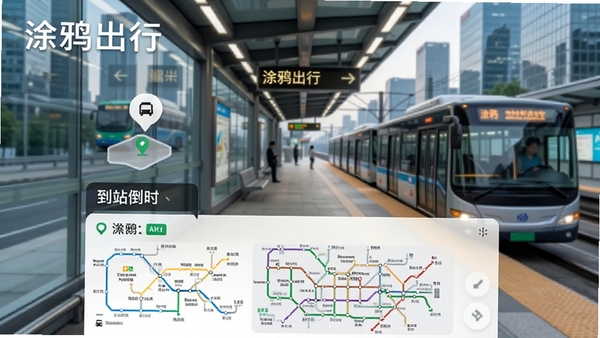 涂鸦出行实时公交功能界面,显示公交车位置与到站倒计时,地铁线路图清晰可见,背景为现代都市站台,画面简洁明快,突出软件名称涂鸦出行