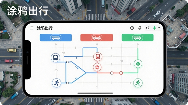 涂鸦出行智能路线规划功能预览图,屏幕显示多条可选路线对比,包含公交、地铁、步行图标,背景是城市街道俯视图,色调清新,软件名称涂鸦出行清晰可见